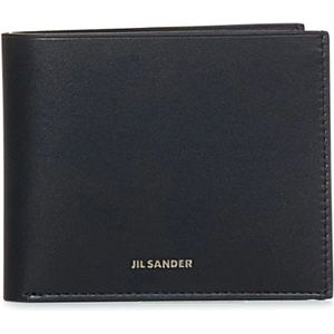 Jil Sander, Accessoires, Heren, Zwart, ONE Size, Leer, Zwarte leren bi-fold portemonnee met zilveren logoprint