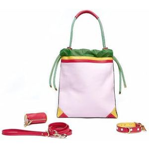 Luxe KLEINE set voor kleine honden bestaande uit halsband, riem, tassenhouder, cameliaroze leren tas en groene technische stof, geproduceerd in Italië