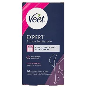 Veet Expert 12 stuks ontharingsstrips voor de normale huid met dermatologisch geteste sheaboter, 12 strips (6 x 2 banden) + 2 post-ontharingsdoekjes met arganolie
