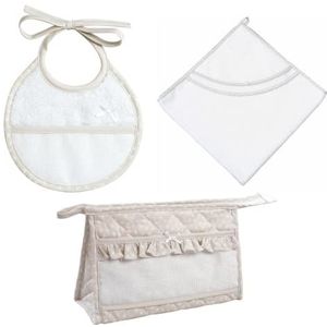 FILET - 3-delige badset, badjas triangel, envelop met ritssluiting, slabbetje, origineel cadeau-idee voor baby's, gemaakt in Italië, kleur taupe