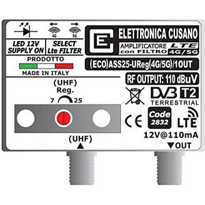 Elettronica Cusano (ECO) ASS25-UReg(4G/5G)/1OUT – versterker Palo TV-antenne met deelbare LTE filter 4G/5G, UHF 25dB (verstelbaar), aparte strepen, gemaakt in Italië, wit, medium