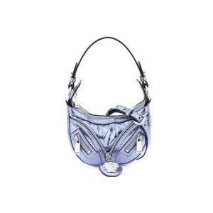 Versace, Metallic Leren Repeat Mini Hobo Tas Blauw, Dames, Maat:ONE Size