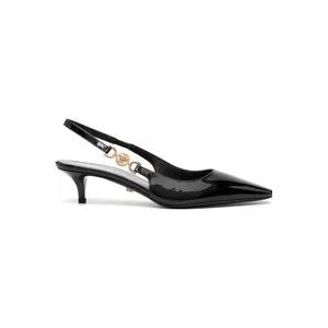 Versace, Schoenen, Dames, Zwart, 38 EU, Leer, Zwarte sandalen met hak en Medusa-embleem