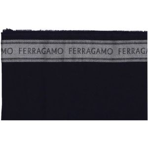 Salvatore Ferragamo, Blauwe Wol Zijden Sjaal met Logodetail Blauw, Heren, Maat:ONE Size