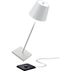 Zafferano Poldina Pro - Dimmable Draadloze LED Tafellamp in Aluminium, IP54 Bescherming, Binnen/Buiten gebruik, Contact Laadbasis, H38cm, EU Plug - Wit