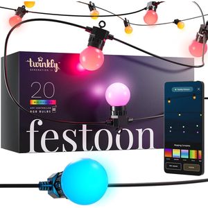 Twinkly Festoon 20 LED RGB, Buitenlichtslinger met 20 Ledlampjes, Buiten- en Binnenverlichting Multicolor RGB, Compatibel met Alexa, Google Home, Lichtsnoer, IP44, Bediend via App, Zwarte Kabel, 10m