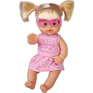 Nenuco Babypop met roze bril en blond haar met 2 paardenstaarten, inclusief 3 kleurrijke patches om met één oog te spelen als kinderen, draagt een jurk, vanaf 2 jaar, beroemd