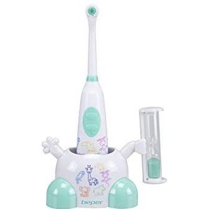 BEPER 40.918 Elektrische tandenborstel met zandloper voor 3 minuten om de reinigingstijd voor kinderen te behouden, werkt met 2 AA-batterijen, dierenpatroon