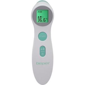 BEPER P303Med001 Infrarood koortsthermometer, contactloos, lichaamsmeting/vloeistoffen/voorwerpen en oppervlakken, lcd-display met achtergrondverlichting, 10 meetgeheugen, wit/watergroen