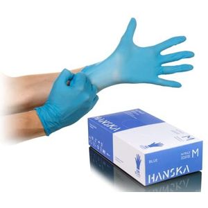 HANSKA Wegwerphandschoenen van nitril, blauw, poedervrij, gebruik en nat, beide handen, niet steriel, rubberen basis, geschikt voor medische gebieden, levensmiddelenbehandeling (100, M)