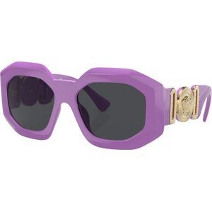 Versace Dames zonnebril met onregelmatige vorm in donkergrijs met lila frame , Purple , unisex , Maat: 56 MM