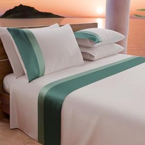 PETTI Artigiani Italiani - Tweepersoons beddengoedset met dubbele volant van satijn, 4-delig, 180 x 200 cm, bedlaken van percal-katoen, hoeslaken, bedlaken en 2 kussenslopen, petrol