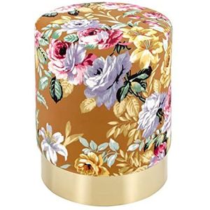 Baroni Home Cilindrische zitzak van fluweel met gouden basis, kleurrijke bloemen, cognac, 35 x 35 x 42 cm