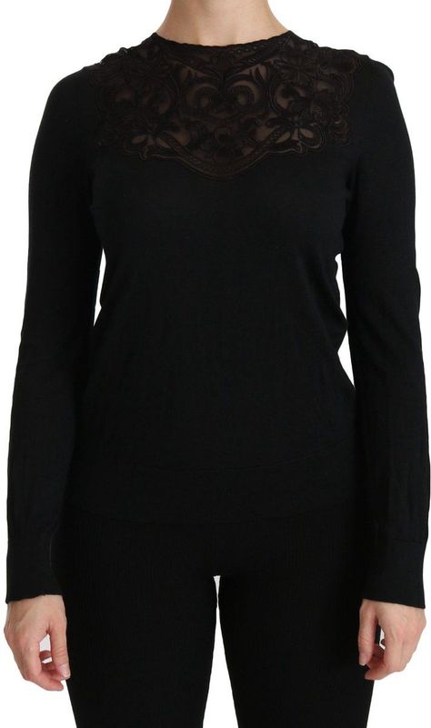 Dolce & Gabbana Vrouwen Zwart Zijde Kanten Hals Blouse Met Lange Mouwen
