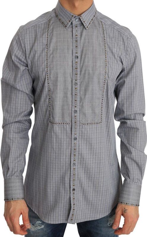 Dolce & Gabbana - Overhemden - Grijs - Slim Fit - Katoen - Elegante Geruite Casual Overhemd