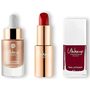 Wakeup Cosmetics Set van 3 producten, 1 x vloeibaar highlight (goud champagne), 1 x romige lippenstift (Perfect Ruby), 1 x nagellak (kaneel)