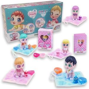 Sbabam, Funny Box Baby Love luiers, speelgoed voor kinderen aan de krantenkiosk, mini-pop voor meisjes met babyflessen, luiers, fopspeen en babybed, verpakking van 3 stuks, speelgoed en poppen, ideaal