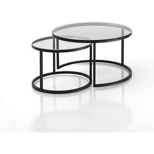 Wink Design Belval Evo Clear Set 2 bijzettafels, mat zwart, transparant, groot H41 x Ø 70 cm, klein H 37,5 x Ø 5 cm