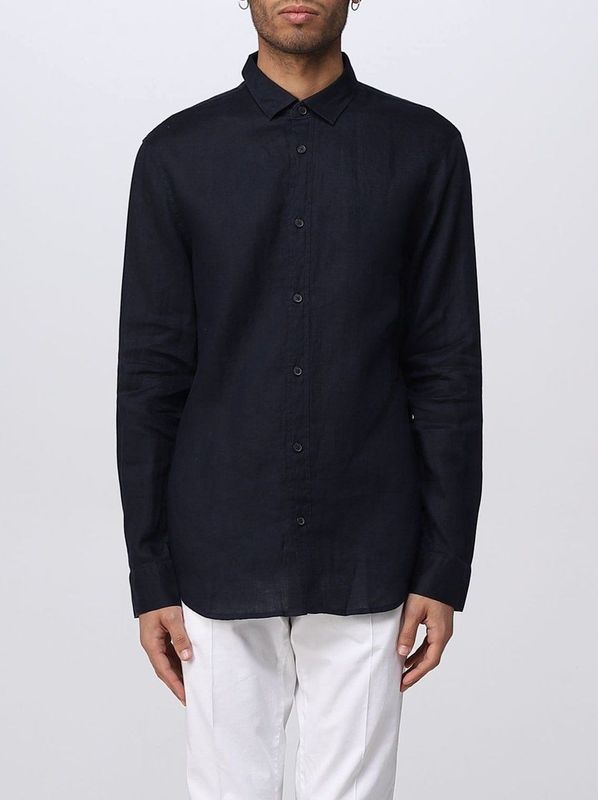 Armani Exchange - Herenshirt - Blauw - 100% Linnen