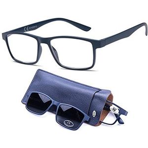 Newvision® NV8126 Leesbril met donkere glazen, clip-on overlapbaar, 100% UVA- en UVB-bescherming, donkere glazen voor dames en heren, NV8126 (+1,00, blauw)