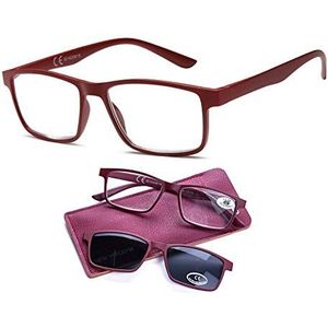 NEWVISION® Leesbril voor zonnebril met clip-on donkere glazen, 100% UVA- en UVB-bescherming, gepolariseerde glazen voor heren en dames, NV8126(+2.00, rood)