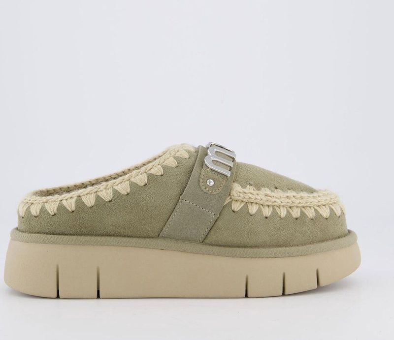 MOU - Clog Metal Logo - Slippers - Groen - Suède - Schapenwol