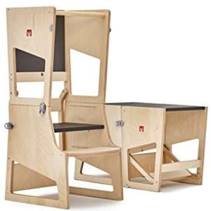 Bianconiglio Kids ® Transformer Montessori verstelbare leertoren om te zetten in salontafel, treeplank en bureau, de enige hoogteverstelling (wasbaar hout en tafel)