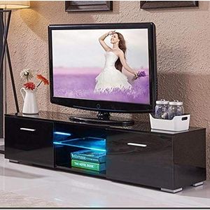 Bakaji TV kast van hout met 2 planken van glas + 2 klapdeuren, met LED-licht, kleurverandering en afstandsbediening, modern design, glanzend, 140 x 34 x 40 cm (zwart)