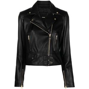 Pinko, Jassen, Dames, Zwart, M, Leer, Bikerjack met ritssluiting