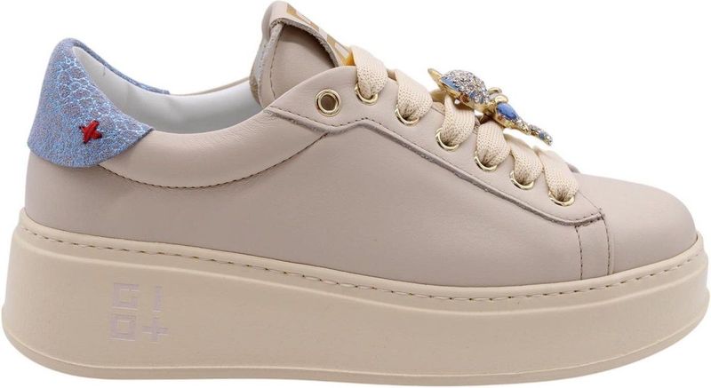 Gio+ - Beige Leren Lage Top Sneakers - Glitter Hiel - Lichtgewicht EVA-Rubber