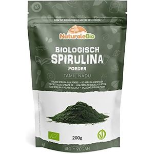 Biologische Spirulinapoeder 200g. Bio, Natuurlijk en Puur, Geproduceerd in Aziatische Tropische Gebieden. Ideaal in Dranken, Smoothies of Recepten. Geschikt voor Vegetariërs en Veganisten.