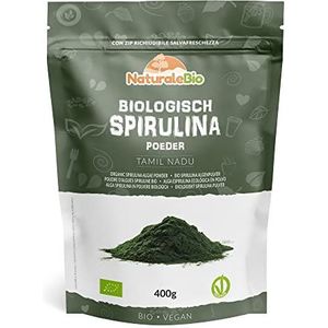 Biologische Spirulinapoeder 400g. Bio, Natuurlijk en Puur, Geproduceerd in Aziatische Tropische Gebieden. Ideaal in Dranken, Smoothies of Recepten. Geschikt voor Vegetariërs en Veganisten.