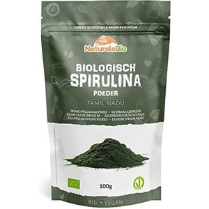Biologische Spirulinapoeder 100g. Bio, Natuurlijk en Puur, Geproduceerd in Aziatische Tropische Gebieden. Ideaal in Dranken, Smoothies of Recepten. Geschikt voor Vegetariërs en Veganisten.