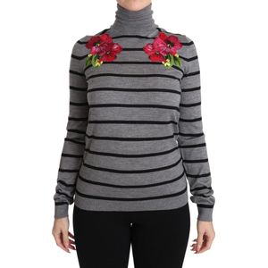 Dolce & Gabbana - Truien - Grijs - Cashmere Zijde - Met Multicolor Bloemenborduursel