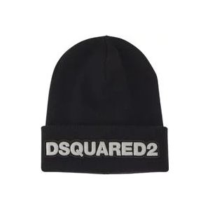 Dsquared2 Effen Logo Beanie met Borduursels , Black , Heren , Maat: ONE Size