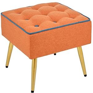 Baroni Home Stoffen gestoffeerde poef, vierkante kruk met poten van natuurlijk hout, voetenbank, stoel, 40 x 40 x 35 cm, (oranje blauwe rand)