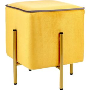 Baroni Home Kruk voetenbank, zitkruk van fluweel, gestoffeerd, kleur geel met okerrand, afmetingen: 33 x 33 x 38 cm