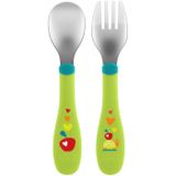 Chicco Bestek van roestvrij staal, kinderbestek, gekookte set, vork en lepel voor kinderen, van roestvrij staal, gemakkelijk te dragen, eerste buff, 2-delig, 18 M, groen