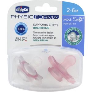 Chicco Physio Mini Soft fopspeen, siliconen, 2-6 m, roze en neutraal