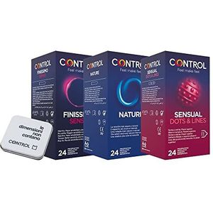 CONTROL Intense Summer Set bestaande uit condooms Control Nature 24 stuks, Senso (0,06 mm) 24 stuks, Sensual Dots & Lines 24 stuks + 1 Condom Control Houder