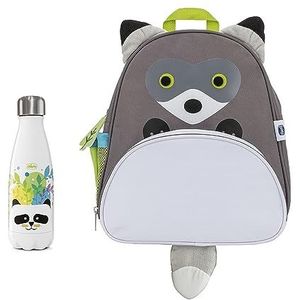 hicco Thermo-rugzakset met konijn en thermosfles, panda, praktische set bestaande uit thermische kaarthouder in de vorm van een roze konijn en thermosfles van roestvrij staal met panda, 350 ml, 2 jaar