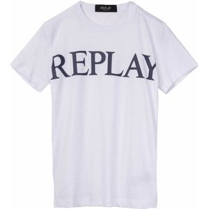 Replay Basics T-shirt voor jongens, regular fit, van katoen, 020 wit met azuurprint, 8 Jaar