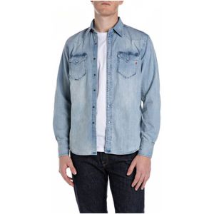 Replay - Denim Overhemd - Blauw - Katoen - Knoopsluiting - Zakken aan de voorkant