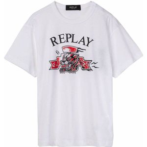 Replay Basics T-shirt voor jongens, losse pasvorm, van katoen, 001, wit, 8 Jaar