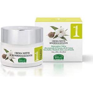 Helan, Lijn Visage 1, nachtcrème voor dames, gemengde huid, laat gezicht en hals zacht en zijdeachtig, met vitamine B5 en E, shea-olie, zoete amandelen, katoen, abrikoos, 50 ml - Made in Italy