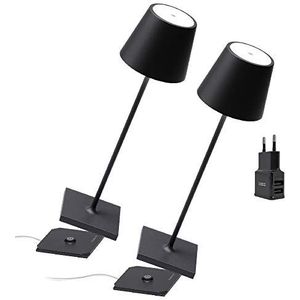Zafferano - Dual Kit 2x Poldina Pro looplamp en 1 dubbele USB lader Aiino voor gelijktijdig opladen van lamp/smartphone, aanraakbare dimbare LED, IP54, contact laadstation, H38cm - Zwart