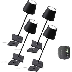 Zafferano - Set van 4 Poldina Pro wandellampen en 1 Aiino dubbele USB-oplader voor het gelijktijdig opladen van lamp/smartphone, dimbare led-touchscreen, IP54, contactlaadstation, H38cm - Zwart