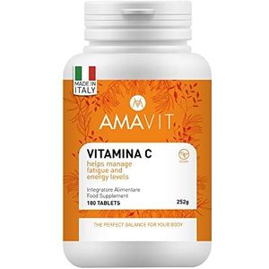 AMAVIT Vitamine C 1000mg 180 Tabletten [6 maand voorraad] MADE IN ITALY Pure Vitamin C Supplement Ascorbinezuur voor het Immuunsysteem en Vermoeidheid ​Gluten-en Lactosevrij,wit