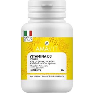 AMAVIT Vitamine D 1000UI 180 Tabletten [6 maanden voorraad] MADE IN ITALY Vitamine D3 Supplement voor het Immuunsysteem en Botten Gluten-en Lactosevrij,wit