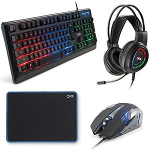 DR1TECH DR10040 Predator PC Gaming Set 4in1 - Toetsenbord LED En Gaming Muis (6 Knoppen) + LED Hoofdtelefoon Met Kabel + Muismat 25x35cm,Zwart